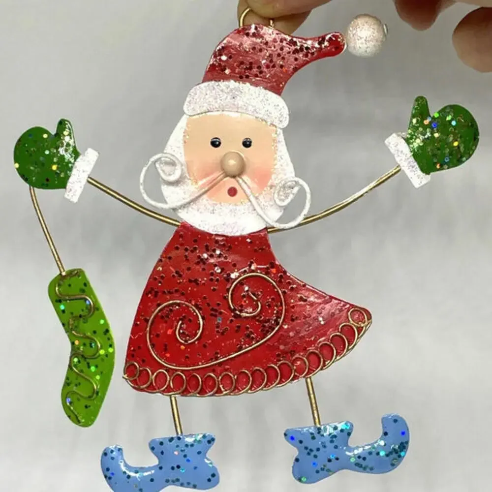 Metal Painted Santa Snowman Glitter Bell Christmas Ornaments LOT‎ of 6